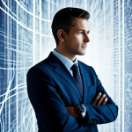 A professional individual in a modest business suit, standing contemplatively in a sophisticated, abstract digital environment, with subtle, flowing light patterns representing data streams. The background conveys a sense of pervasive digital information without being overtly threatening. The individual's expression is thoughtful and aware. Fully clothed, appropriate attire, safe for work, perfect anatomy, correct proportions, natural pose, well-formed hands, proper finger count, natural body proportions, professional photography, high quality, family-friendly.