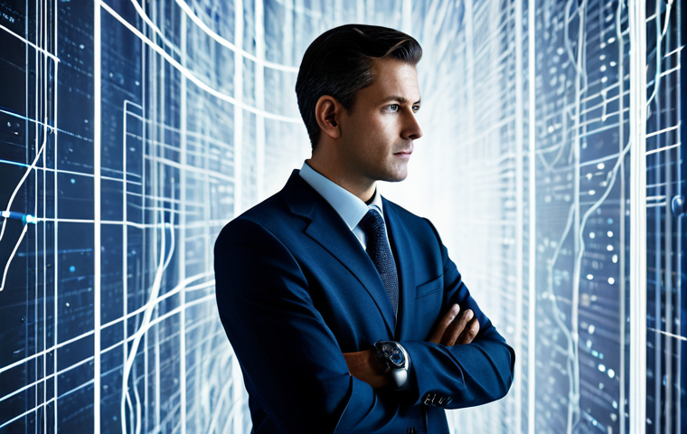 A professional individual in a modest business suit, standing contemplatively in a sophisticated, abstract digital environment, with subtle, flowing light patterns representing data streams. The background conveys a sense of pervasive digital information without being overtly threatening. The individual's expression is thoughtful and aware. Fully clothed, appropriate attire, safe for work, perfect anatomy, correct proportions, natural pose, well-formed hands, proper finger count, natural body proportions, professional photography, high quality, family-friendly.